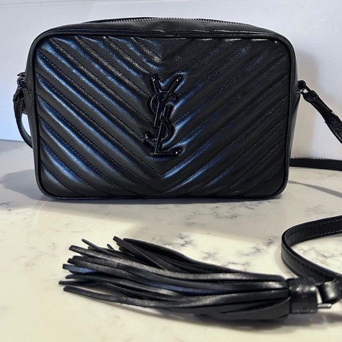 YSL YVES SAINT LAURENT Lou Black on Black Camera Bag w/ Tassle $1790!!