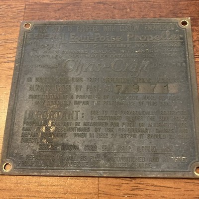 CHRIS-CRAFT Federal Mogul Equi-Poise Propeller Engine Brass Plate w Serial #