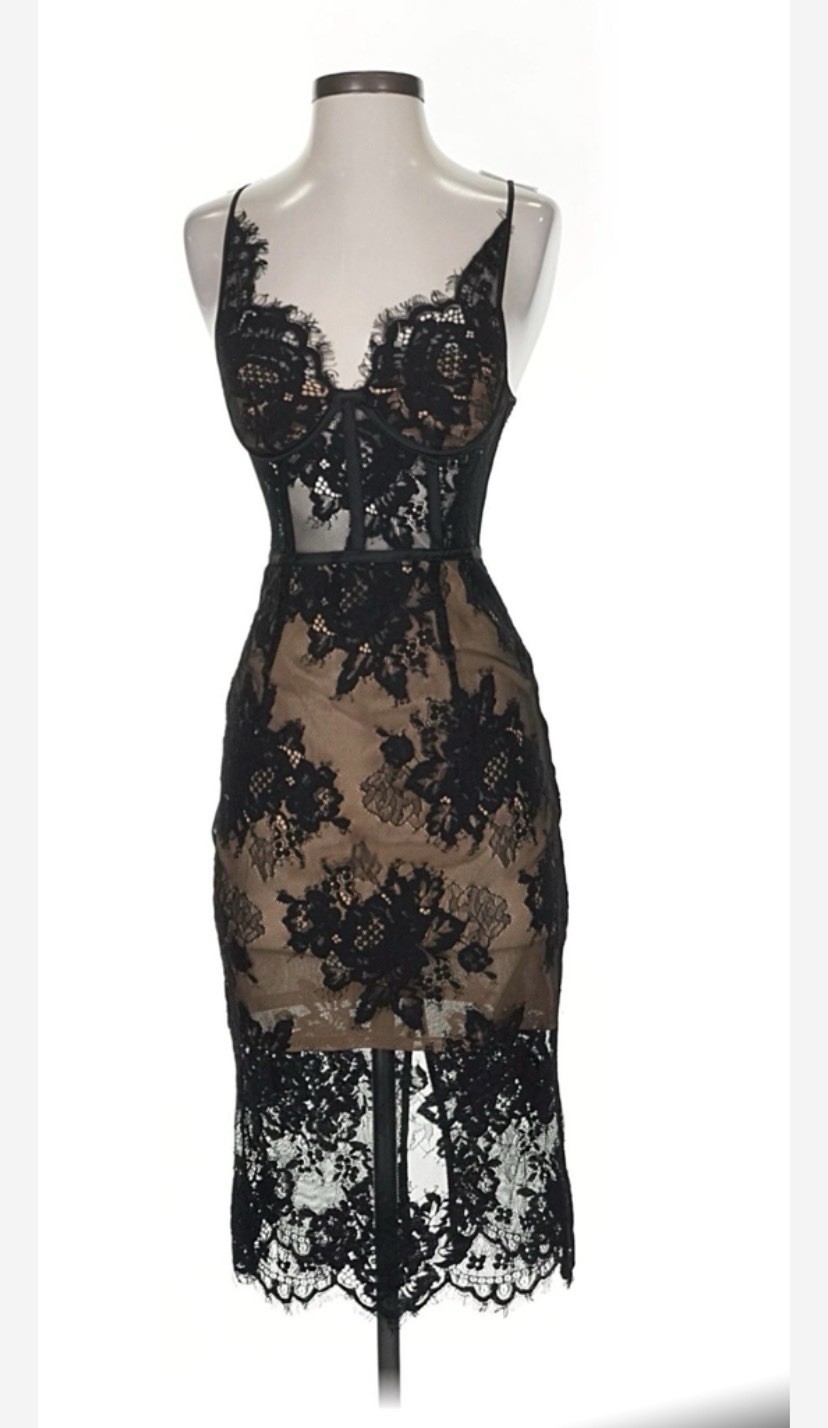 Misha Collection Black Lace Midi Dress with Nude Lining by