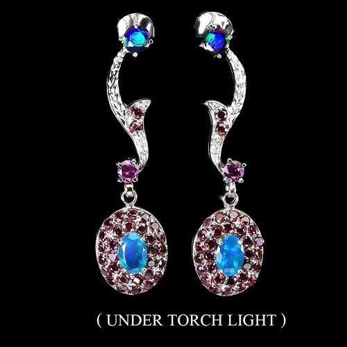 925 Sterling Silver Earrings Oval Blue Opal Black Opal Rhodolite Natural Gemston