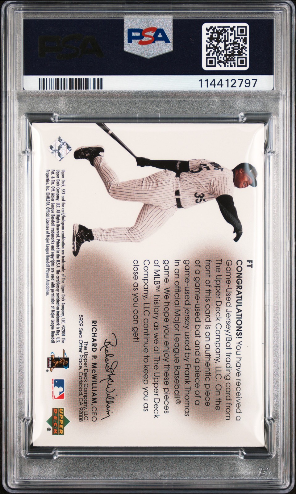 2001 UD SPX WINNING MATERIALS JERSEY/BAT #FT FRANK THOMAS PSA 8 view 2