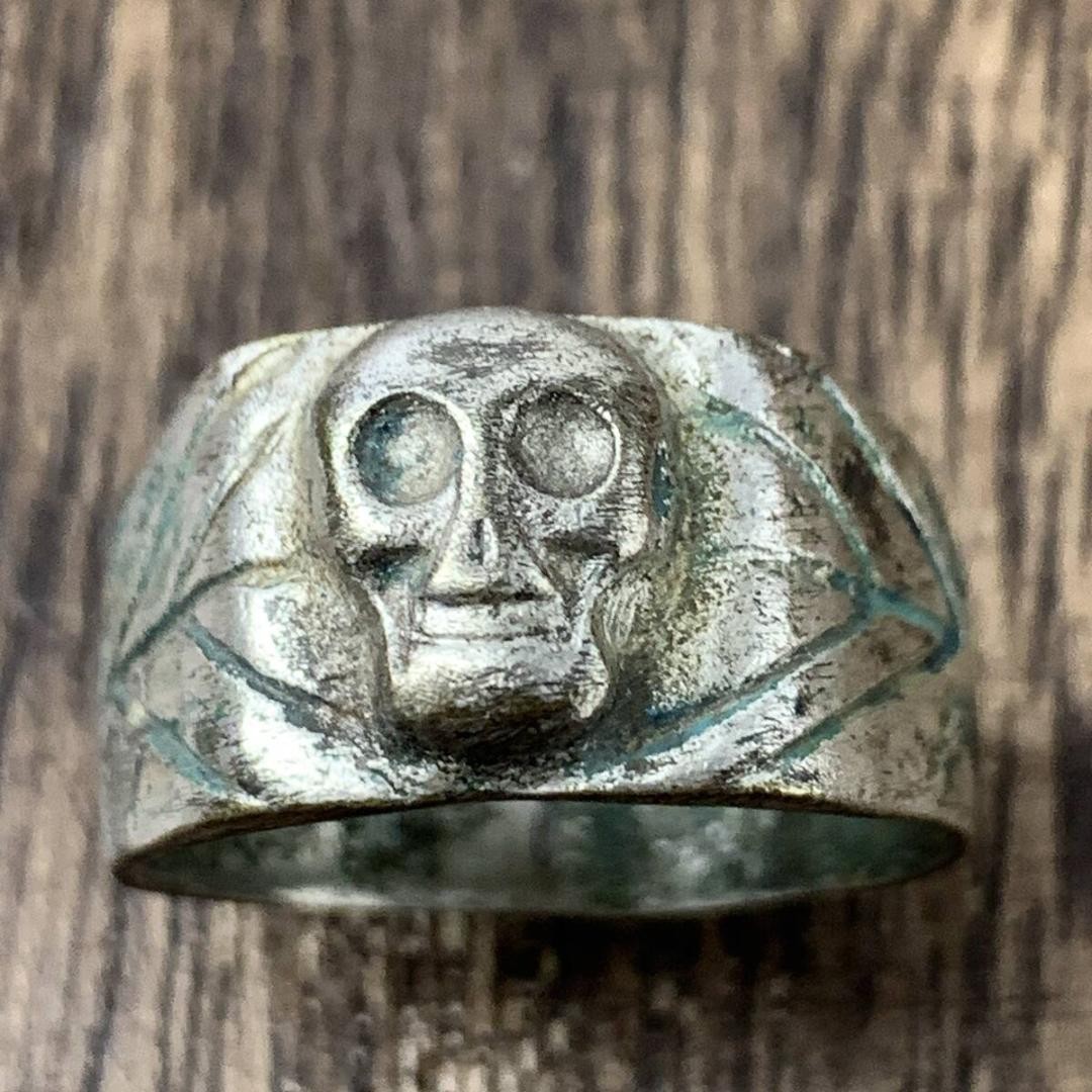 German Wehrmacht Skull Bones Vintage Silver Military Ring, Size 26