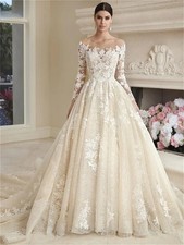 Simple Appliqued Wedding Dresses Tulle Bridal Gown Long Sleeve Sweep Train