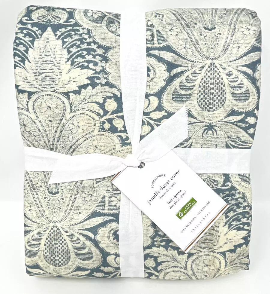 New Pottery Barn Janelle Scroll Damask Cotton Duvet Cover Full Queen Blue