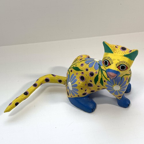 Handgeschnitzte Holz Katze Figur Jose Olivera Perez Oaxaca Mexiko gelb blau 3,25 Zoll - Bild 2 von 8