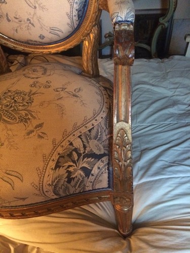 Ensemble de trois pièces fauteuil, bergère et tabouret Louis XVI - Photo 4/12