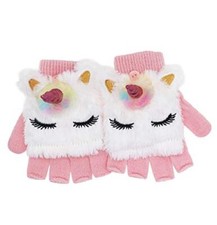 Kids Unicorn Flip Top Gloves with Mitten Cover Knitted Winter Fingerless White