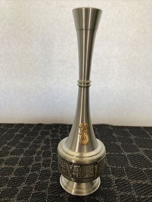 Imperial Pewter Merlion Singapore 7 1/2   Bud Vase Pictoral City Detail NICE