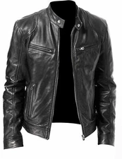 Cafe Racer Biker Leather Jacket Black Soft Real Leather  USA Stock