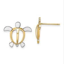 15.25mm 14K Yellow Gold w/ Rhodium Sea Turtle Stud Post Earrings TE940