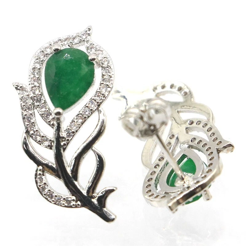 Compra 2 y obtén 1 gratis pendientes de plata de boda con forma de pluma verde real esmeralda circonita cúbica Foto 2 de 3