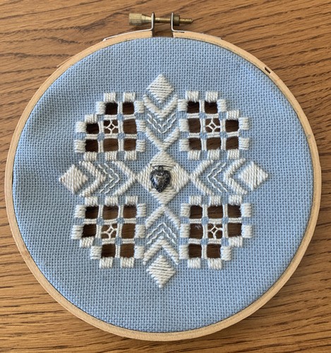 Hardanger Small Circular Hoop Norwegian Embroidery Cut Work white on blue Heart