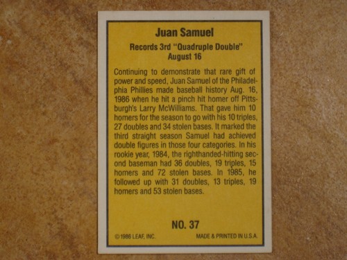 JUAN SAMUEL SIGNED AUTOGRAPHED 1986 DONRUSS CARD #37 PHILADELPHIA PHILLIES - Picture 2 of 2