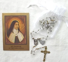 Crystal Glass Rosary 2 Medals Vintage St Therese of Lisieux Holding Pouch & Card