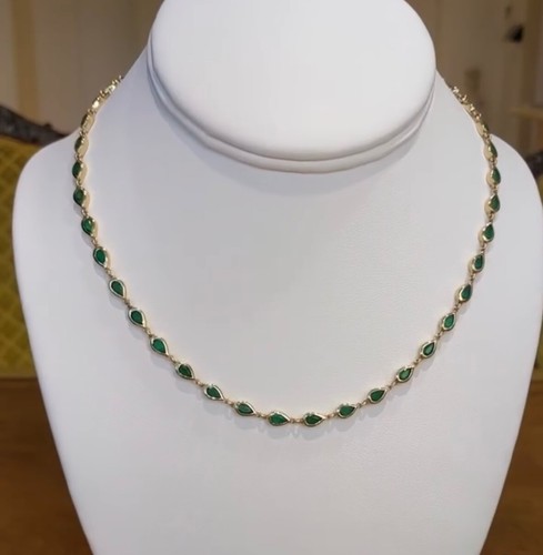 Natural Emerald Chain 10K Yellow Gold Women Wedding Jewelry Necklace Gift Her - Picture 3 of 4