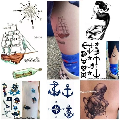 TATTOOSGALOREANDMORE SAILOR TEMPORARY TATTOO, ANCHOR, PIRATE COSTUME, WORLD BOOK DAY, MERMAID, BOAT