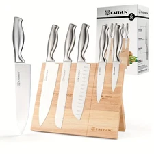 6 Pieces German Steel Knife Set with Wood Magnetic Knife Holder Block