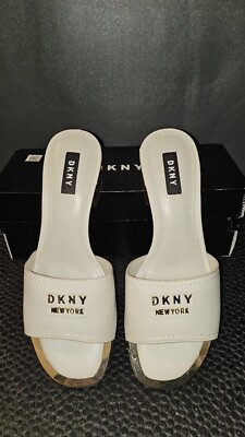 DKNY Fama Logo Heel Sandals Size 7.5 Cream/Gold 