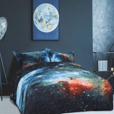 All-season Quilted Comforter Set Reversible Galaxies Blue 2 Pillowcases