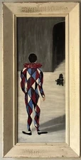 ANTIQUE MID CENTURY MODERN HARLEQUIN MAN & DOG OIL PAINTING OLD VINTAGE 1957