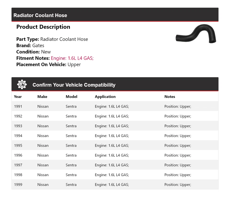 Manguera de refrigerante de radiador de gas 1,6 L L4 1991-1999 puertas superiores 1992 Nissan Sentra Foto 2 de 4