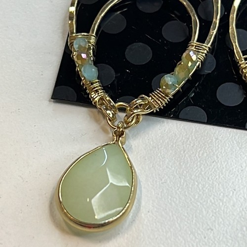 Gold Teardrop Dangle Earrings, Gold & Blue Beads, Mint Green Gemstone, NWOT! - Picture 2 of 4