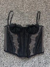 Out From Under Black Mesh Lace Corset Top Hook Eye Boned Adjustable M