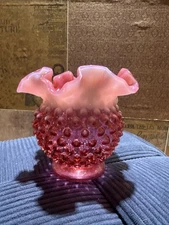 Fenton Cranberry Glass Opalescent Hobnail Ruffled Rose Bowl 