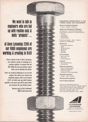 Avco Lycoming Vintage Print Ad Bolt Gas Turbine Engine Aerospace 1960s
