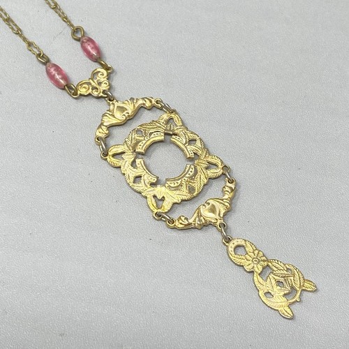 Vtg Art Deco Necklace Y Drop Gold Tone Chain Barrel Clasp Engraved Pendant 20" - Picture 5 of 12