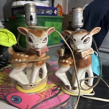 Vintage TWO 1950  s Ceramic Retro Doe Eyed Fawn Bambi Deer Nursery Lamp