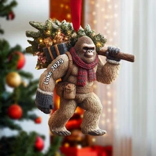 Custom Name Bigfoot Christmas Ornament, Sasquatch with Gifts & Pine Garland