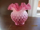 Vintage Fenton Pink Cranberry Hobnail Opalescent Ruffled Vase 4 1/2"