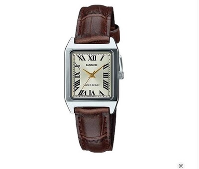 Casio LTP-V007L-9B Gold Dial Rectangular Women Quartz Watch Brown Leather Strap