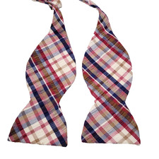 Plaid Self-Tie Bow Tie - Red Blue Brown White Textured Cotton Adjustable