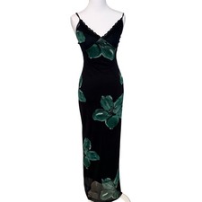 SHEIN Maxi Dress Womens XS Black Green Floral Mesh Lace Trim Bodycon V-Neck