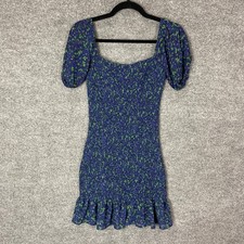 New Nasty Gal Smocked Puff Sleeve Mini Dress Blue Green Floral Square Neck 6