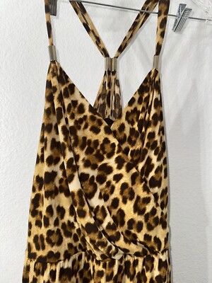 Jennifer Lopez Leopard Print Stretch Jumpsuit Pockets Gold