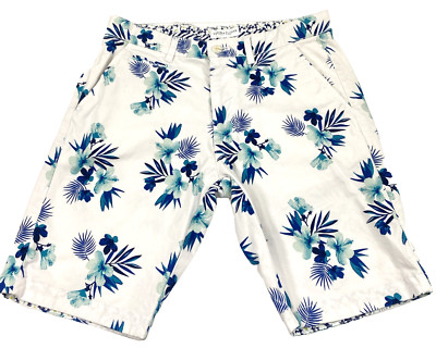 Denim & Flower Bermuda Shorts Men Size 30 White Blue Tropical Hawaiian 9'' Inseam