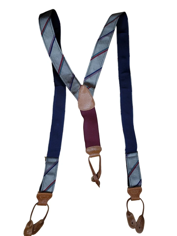 Tirantes ajustables de cuero marrón a rayas plateadas Trafalgar con botones Foto 4 de 4