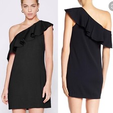 NWT $328 Joie 2 Black Caviar Bronwen Ruffled One Shoulder Mini Shift Dress