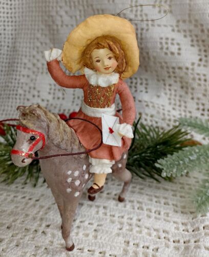 Little Girl Riding Horse Unique Christmas Spun-Cotton Ornament - Picture 1 of 9
