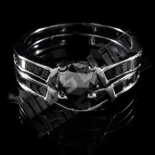 18K Black Gold Plated Wedding Engagement Band Set CZ Womens Bridal Wedding Ring - Picture 2 of 4