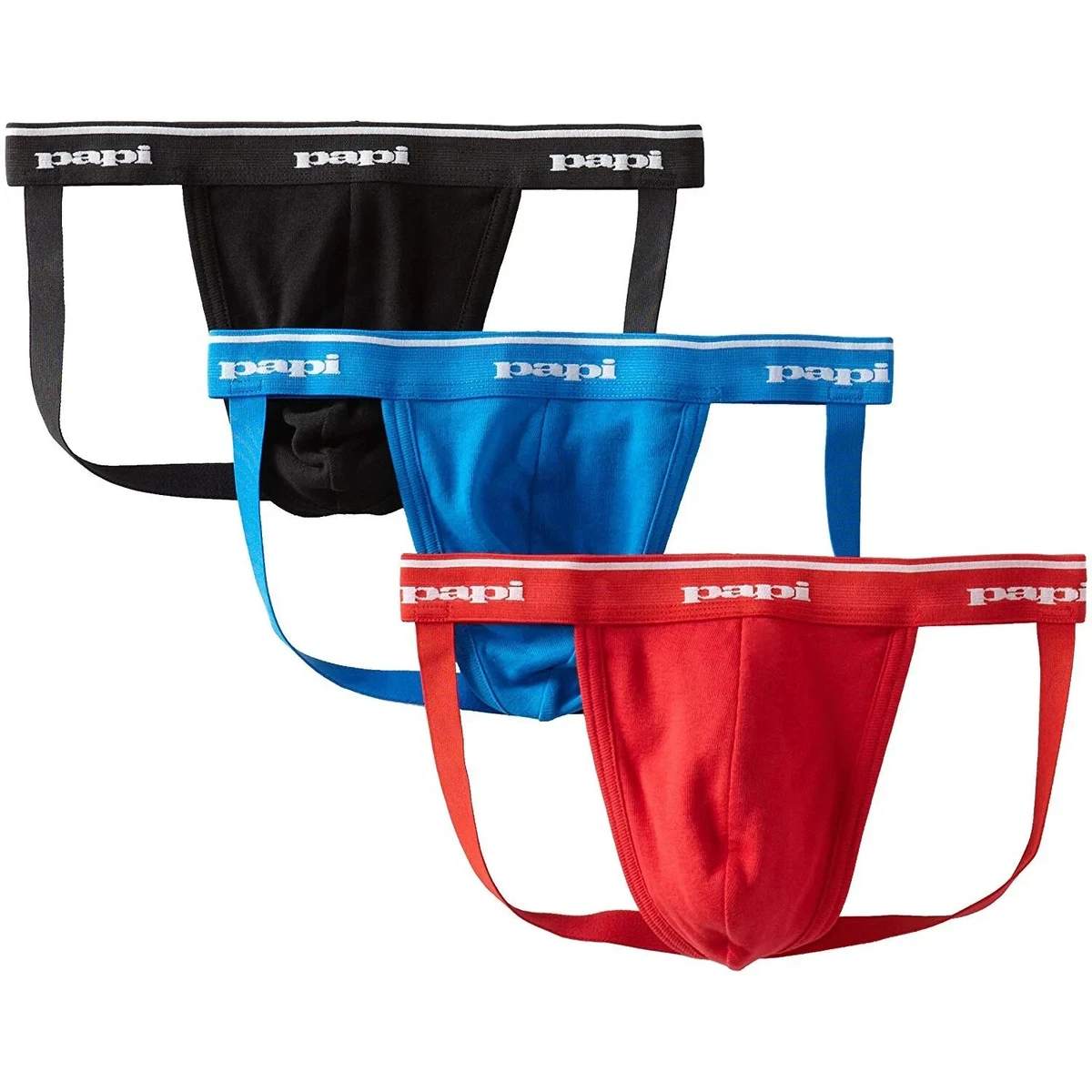 Papi Jockstrap Uomo 3 Pezzi - Cotone Elasticizzato - Rosso, Blu, Nero - Taglia Medium