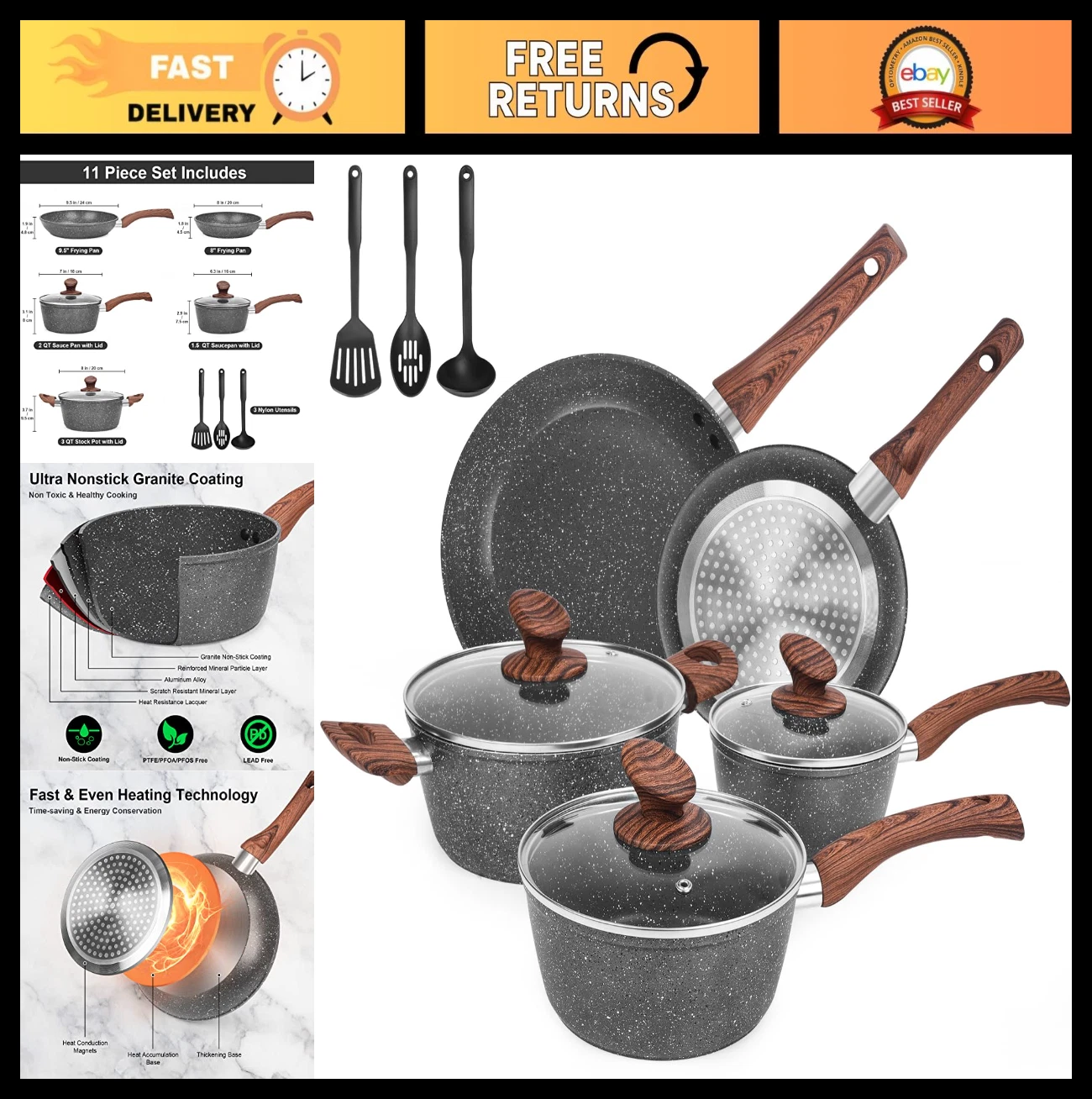 11-Piece Non-Stick Granite Cookware Set, Die-Cast Induction Pots & Pans, PFOA Fr
Opens in a new wind