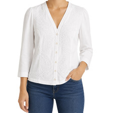Chaps Ralph Lauren Womens White Denim Blazer M Floral Lace Embroidered Stretch