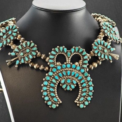 Zuni Carved Turquoise Cluster Squash Blossom Necklace Sterling Silver 30 1/2''
