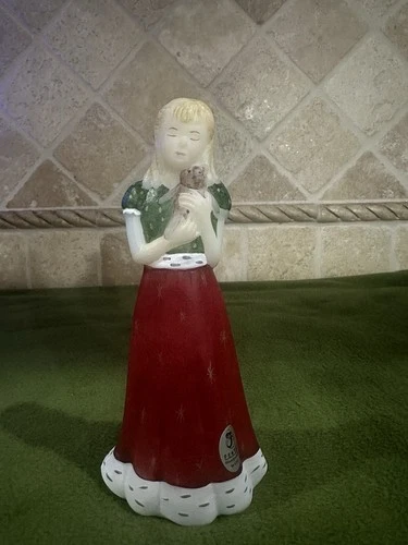 Fenton Christmas Girl With Teddy Bear Hand Painted Red Glass Figurine Signed