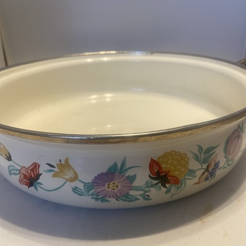 Vintage ASTA 1981 Enamelware Cookware Floral Pan Brass Handles - Picture 2 of 12