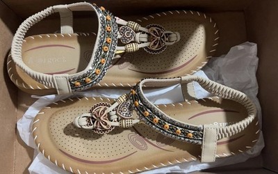 Aomigoct bohemian-style flat sandals w/ beaded T-strap & elastic ankle strap~ 7